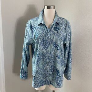Coldwater Creek Womens 16 Button Up Long Sleeve Shirt Blue Green Paisley Blouse